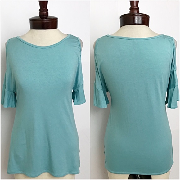 Chic Turquoise Cold Shoulder Ruffle Tee Small - Picture 5 of 6